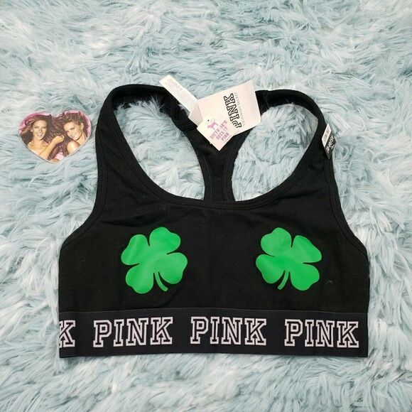 Victoria's Secret PINK Logo Cotton Bra Top St Patricks Shamrock XS - Picture 1 of 4